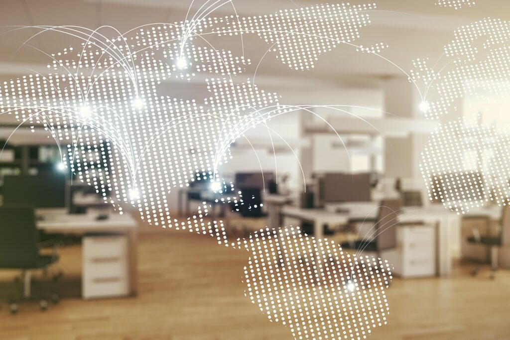 double exposure abstract digital world map hologram with connections modern corporate office background research strategy concept