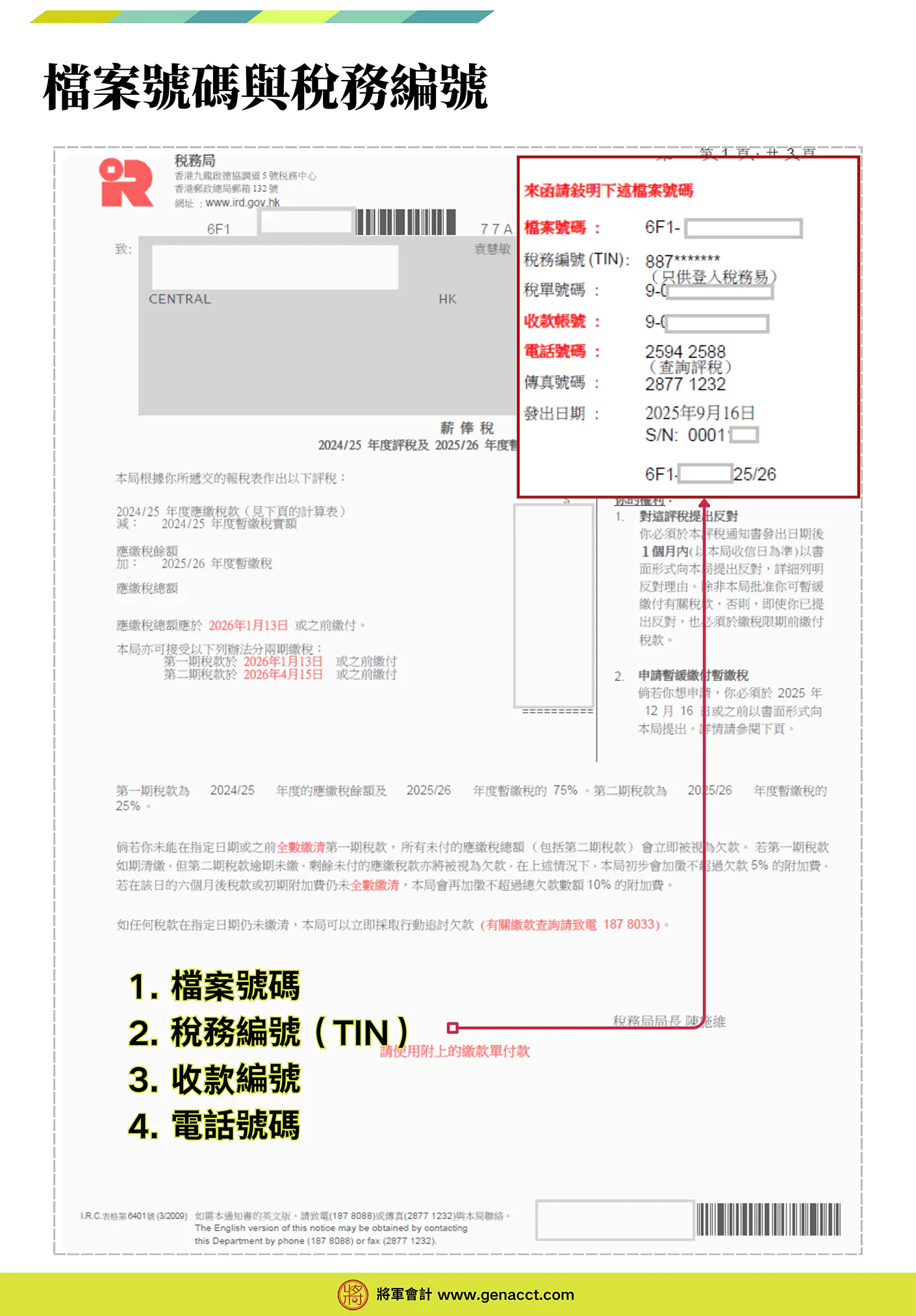 薪俸稅評稅通知書第三頁會附上第一期稅款及第二期稅款繳款單，和顯示個人稅單的檔案號碼、稅務編號、收款編號和電話號碼