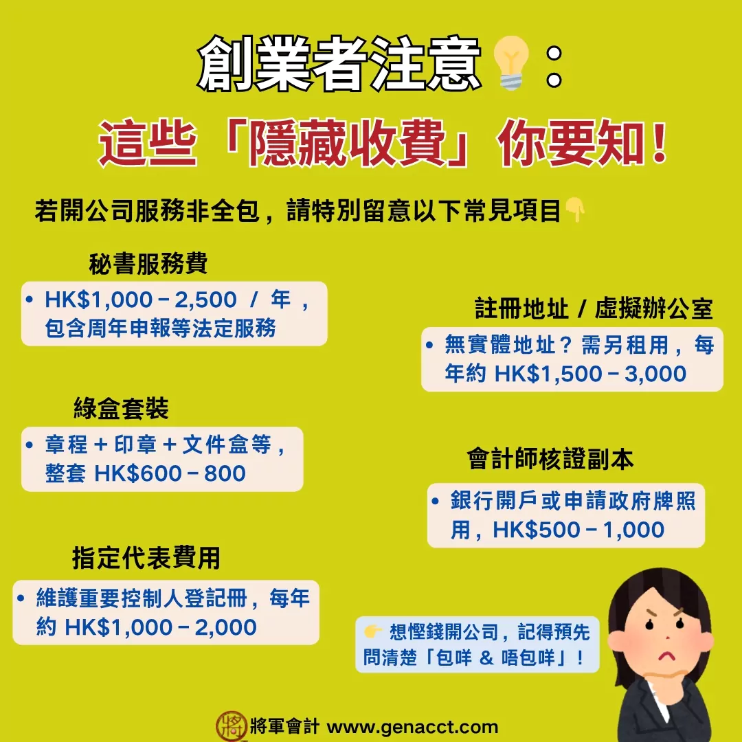 免費開公司的可能隱藏收費: 秘書服務費、註冊地址／虛擬辦公室、綠盒套裝、會計師核證副本和重要控制登記人指定代表